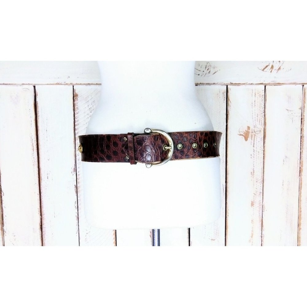 Vintage Jill Stuart wide brown leather gold medallion reptile croc embossed belt